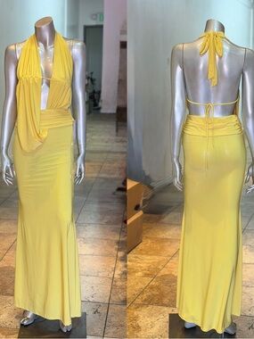 Backless Yellow Halter Maxi Dress - Women